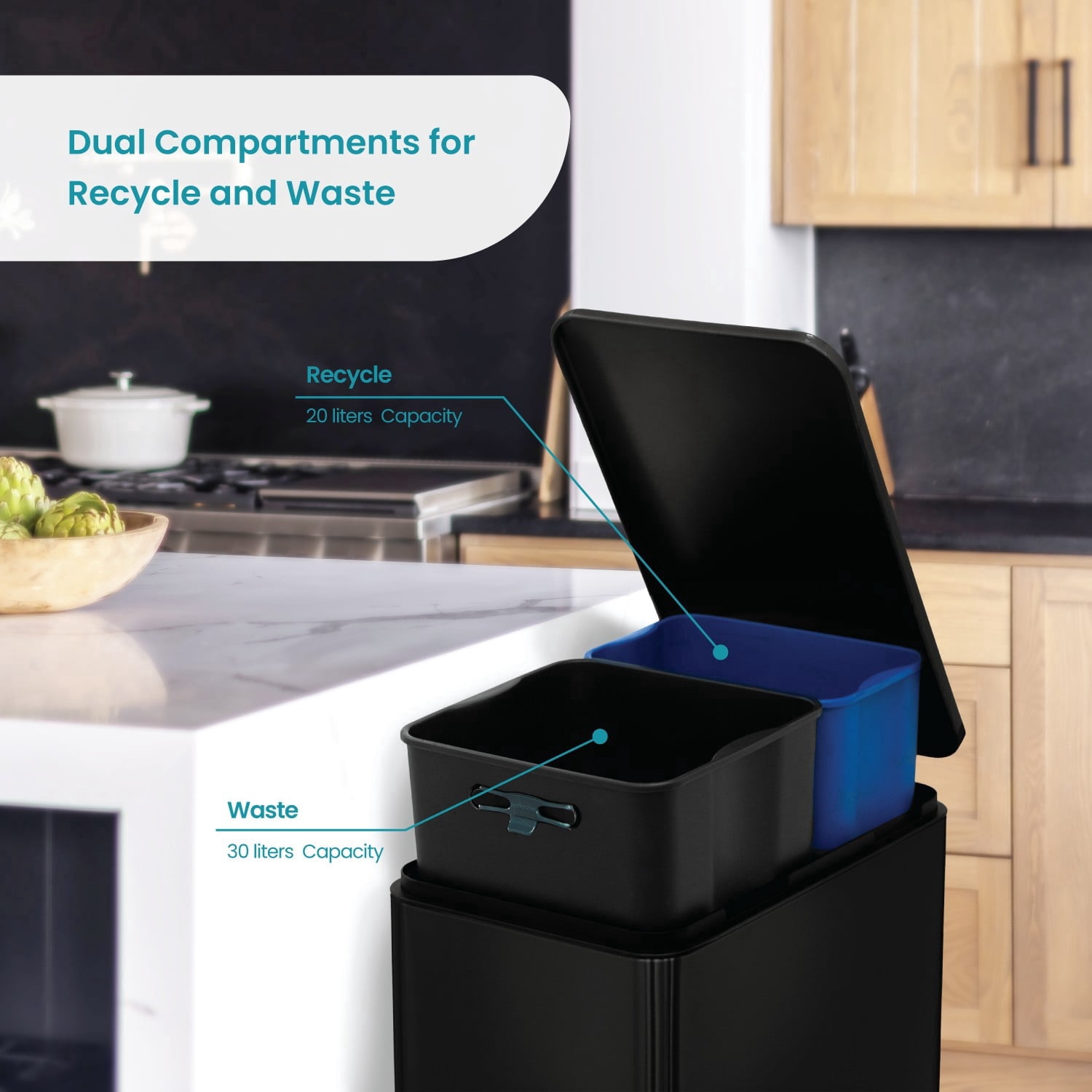 Home Zone Living 13 Gallon Dual Compartment Stainless Steel Kitchen Trash Can with Step Pedal and Soft Close Lid, Black