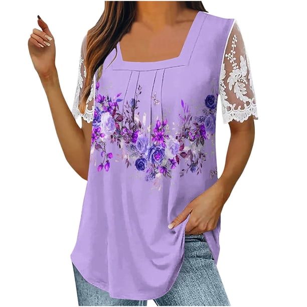 Camisas de Mujer Casual Impreso Cuello Redondo Manga Corta, Camisa Casual para Uso Diario Y de Fiesta