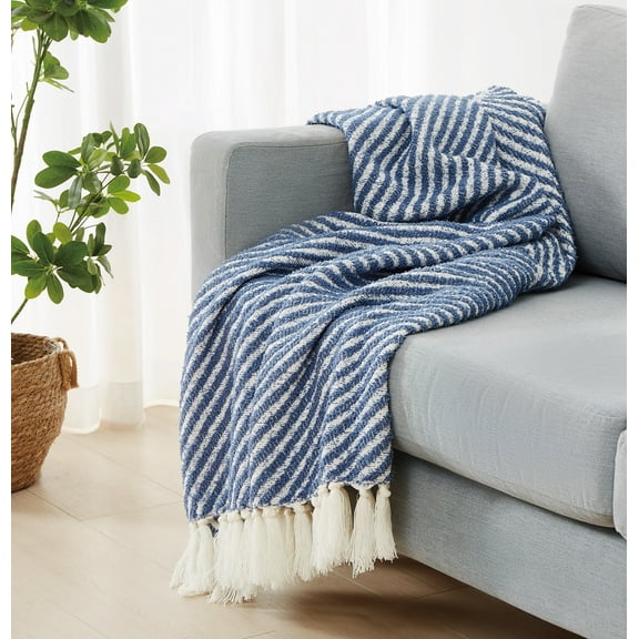 Brooklyn Loom Diagonal Chenille Stripe 39% Acrylic / 61% Polyester 50x70 Throw Blanket in Blue, All Season, Adult Size, OEKO-TEX Certified
