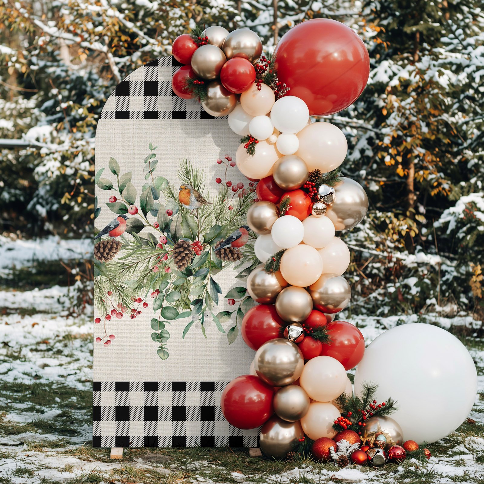 6ft Arch Backdrop Cover Christmas Pinecone Eucalyptus Leaves Arch Stand Cover Spandex Fitted Backdrop Covers Black Buffalo Plaid Wedding Birthday Bridal Shower Party Background Decoration