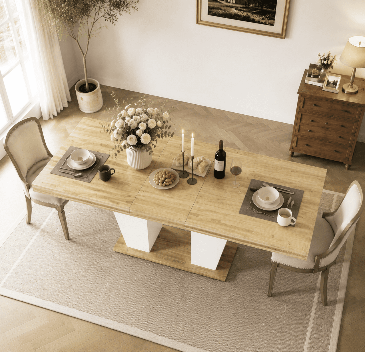 78.7" Rustic-Style Extendable Dining Table, Seats 8–10 People, Dining Table With Storage Shelves On Both Sides, Mid-Century Modern-Style Extendable Wooden Kitchen Table, Natural+White