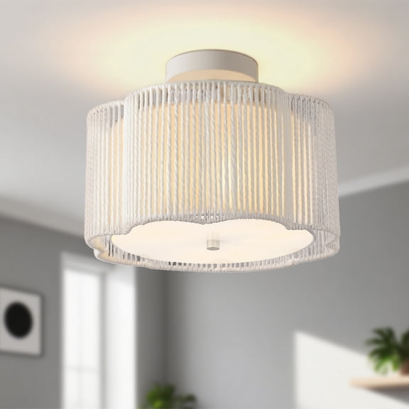 YANSUN Boho Rattan Ceiling Light Fixture, Mini Rattan Semi Flush Mount Ceiling Light, Hand Woven Ceiling Light Fixtures for Hallway Bedroom Kitchen Entryway Living Room (White)
