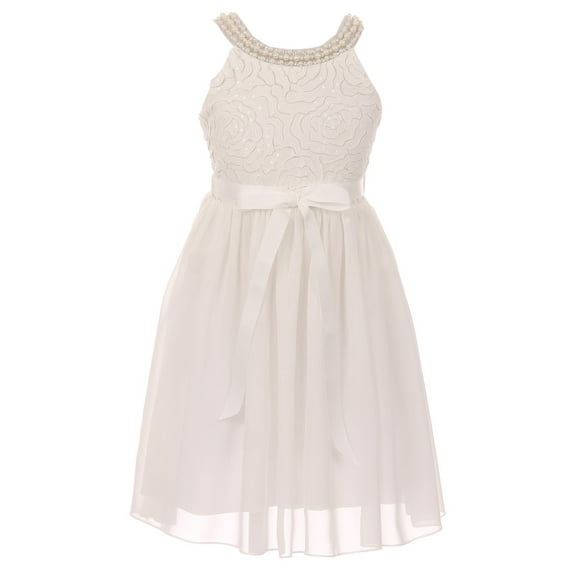 Big Girls Elegant Sleeveless Lace Pearl Chiffon Birthday Party Party Flower Girl Dress Off White 10 (2J1K2S1)