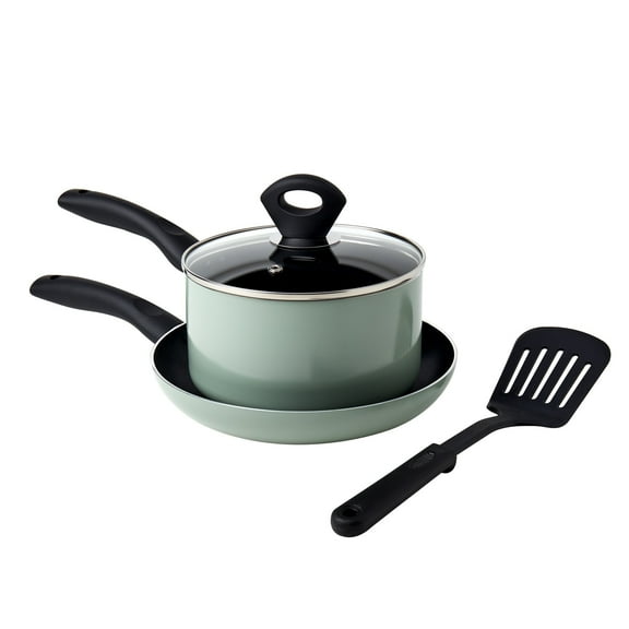Basic Essentials 4 Piece Nonstick Aluminum Starter Cookware Set Saute Fry Pan Saucepan Pot with Glass Lid and Nylon Turner, Sage