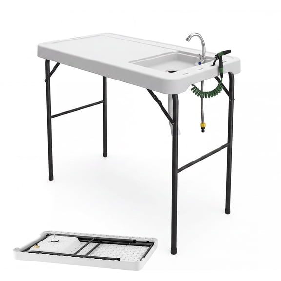Yiwa 42.5"x22.8" Folding Fish Cleaning Table with Sink & Faucet, Portable Outdoor Camping Sink Station, White