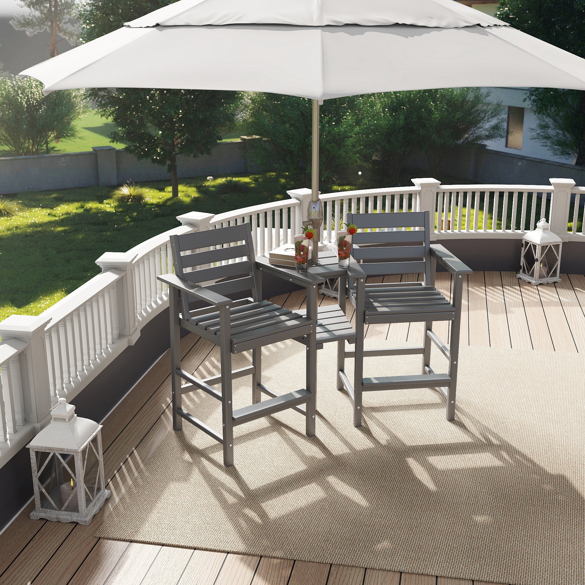 FOOWIN HDPE Plastic Tall Adirondack Chair Set of 2 W/ Outdoor Barstools and Connecting Tray, Gray