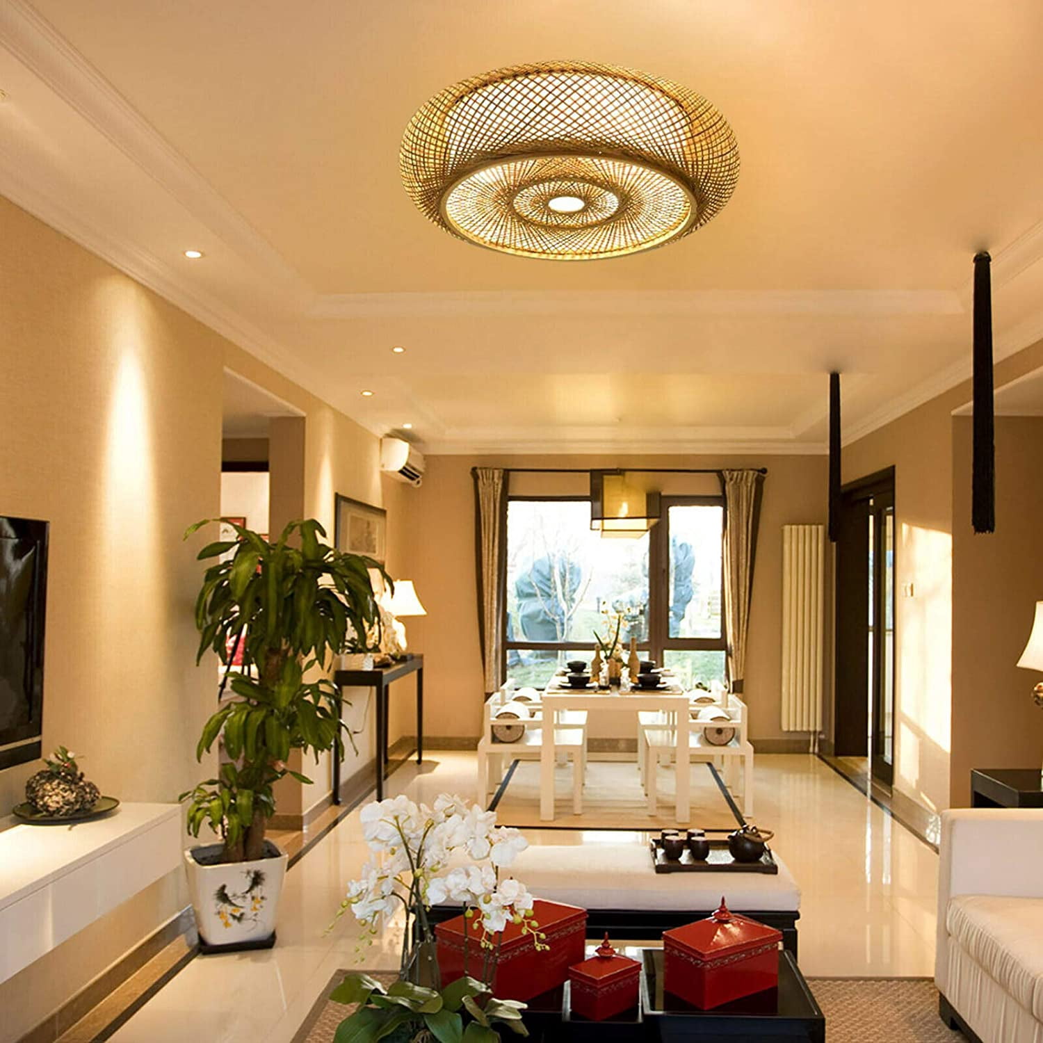 WUZSTAR 19.5 Inch Bird Cage Ceiling Light Chinese style Bamboo and Rattan Lantern Pendant Light