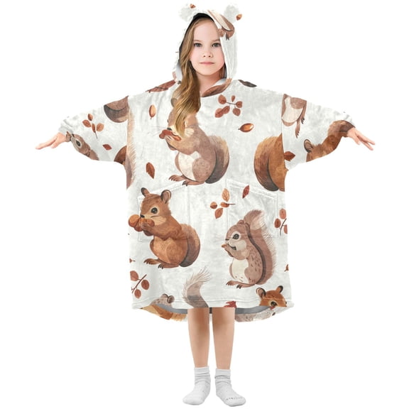 Squirrels Eating Nuts Leaves Flannel Wearable Blankets Hooded Design Long Sleeves Wrap Unisex for 3T-14Y S