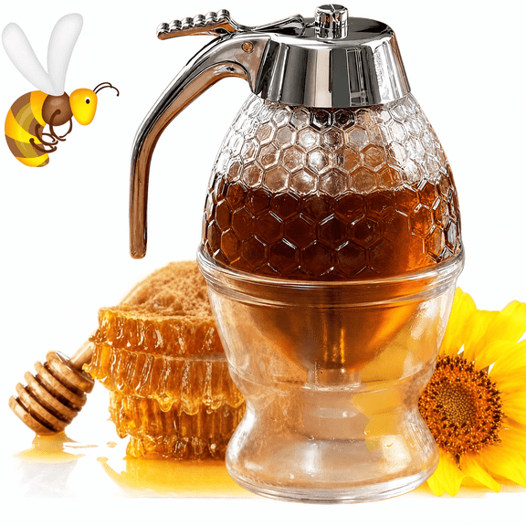 Syltano Glass Honey Dispenser No Drip, Honeycomb Shaped Syrup Dispenser with Metal Lever, Easy to Use Kitchen Jar for Honey, Syrup, and Juice, Elegant Gift Box for Table Decor