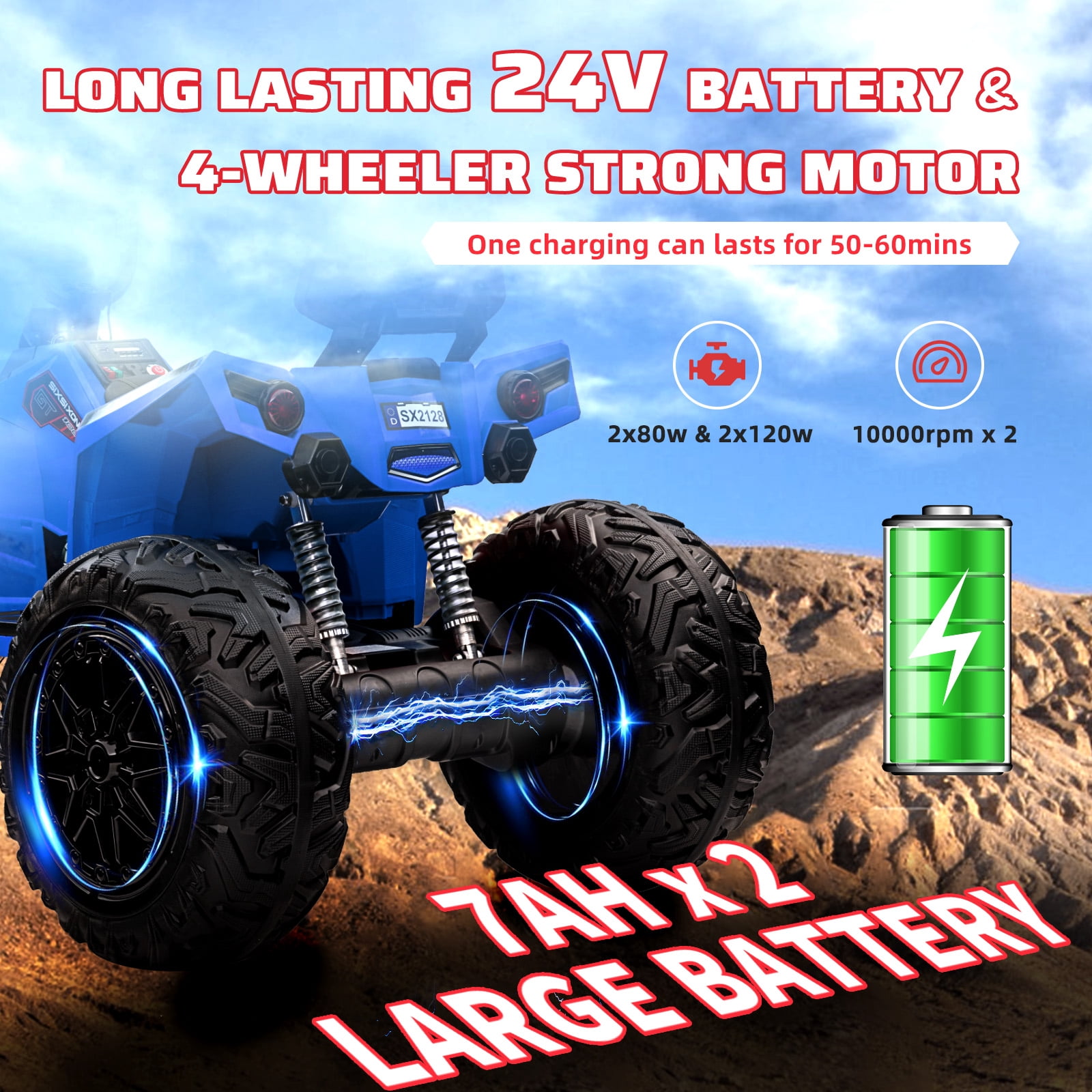 Accreate 24V Kids ATV, Two Seater Ride on Car 4WD Quad Electric Vehicle, 4x100W Powerful Engine