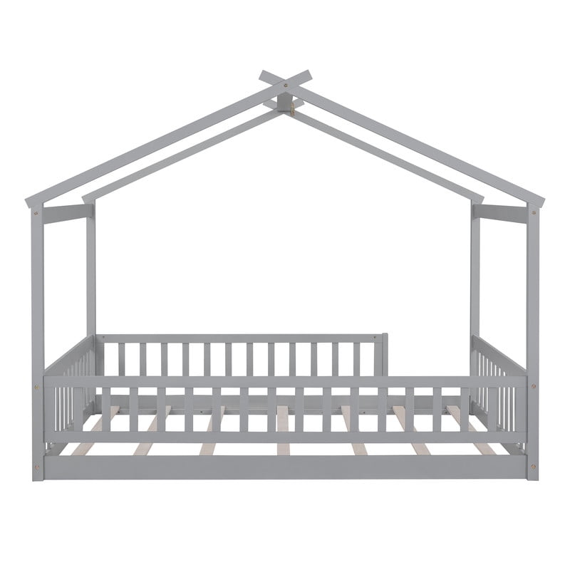 Full Size Wood House Bed with Fence and Roof Frame, Kids Floor Montessori Bed with Safety Guardrails, Sturdy Pinewood Playhouse Bed for Boys Girls