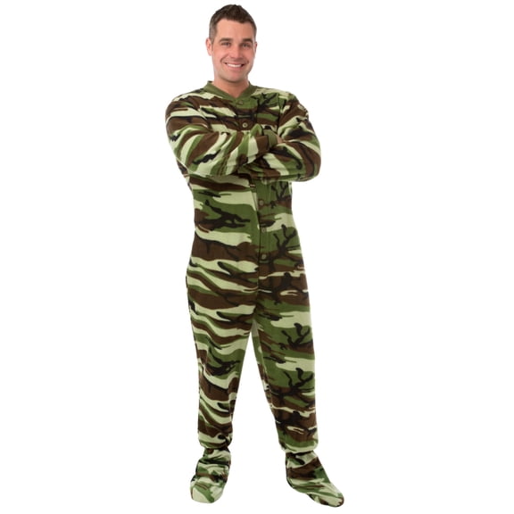 Big Feet PJs Adult Green Camo Micro-Polar Fleece Footed Pajamas Sleeper with Drop Seat