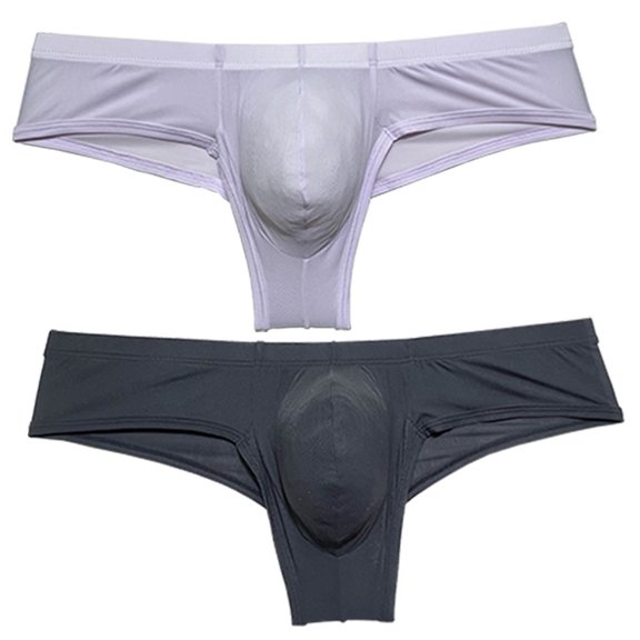 Botmois 2 PACK Men's Low-rise Briefs Ice Silk Brazil Underwear Male Bikini Underpants Ultrathin Soft Comfortable Sexy Beach Shorts 2P-gray purple/balck M
