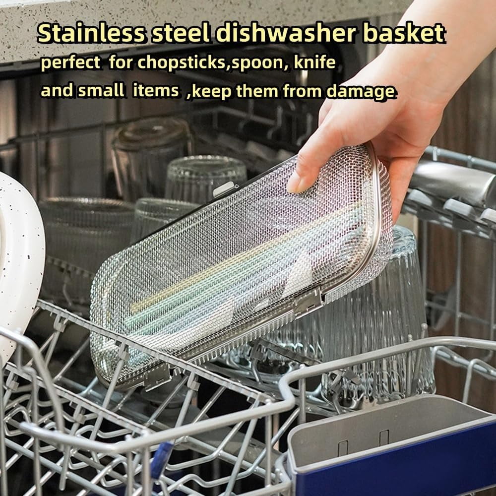 ABPETE Dishwasher Basket, Stainless Steel Dishwasher Silverware Basket, Replacement Utensil Rectangular Mesh Drain for Small Items