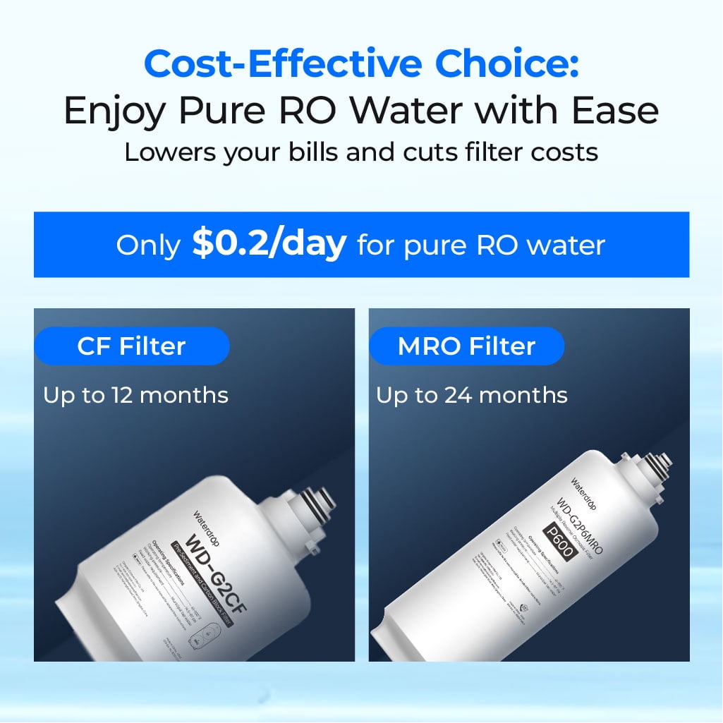 Waterdrop G2P600 Reverse Osmosis System, 600 GPD Reverse Osmosis Water Filter, 7 Stage Tankless RO Water Filter System, Under Sink RO System, 2:1 Pure to Drain, Reduce PFAS, FCC Listed,with 1 Filter