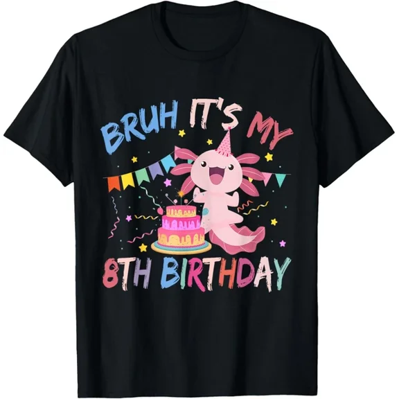 Funny Axolotl 8th Birthday Graphic Tee Retro Pink Salamander Party Celebration Apparel Eight Year Old Outfit