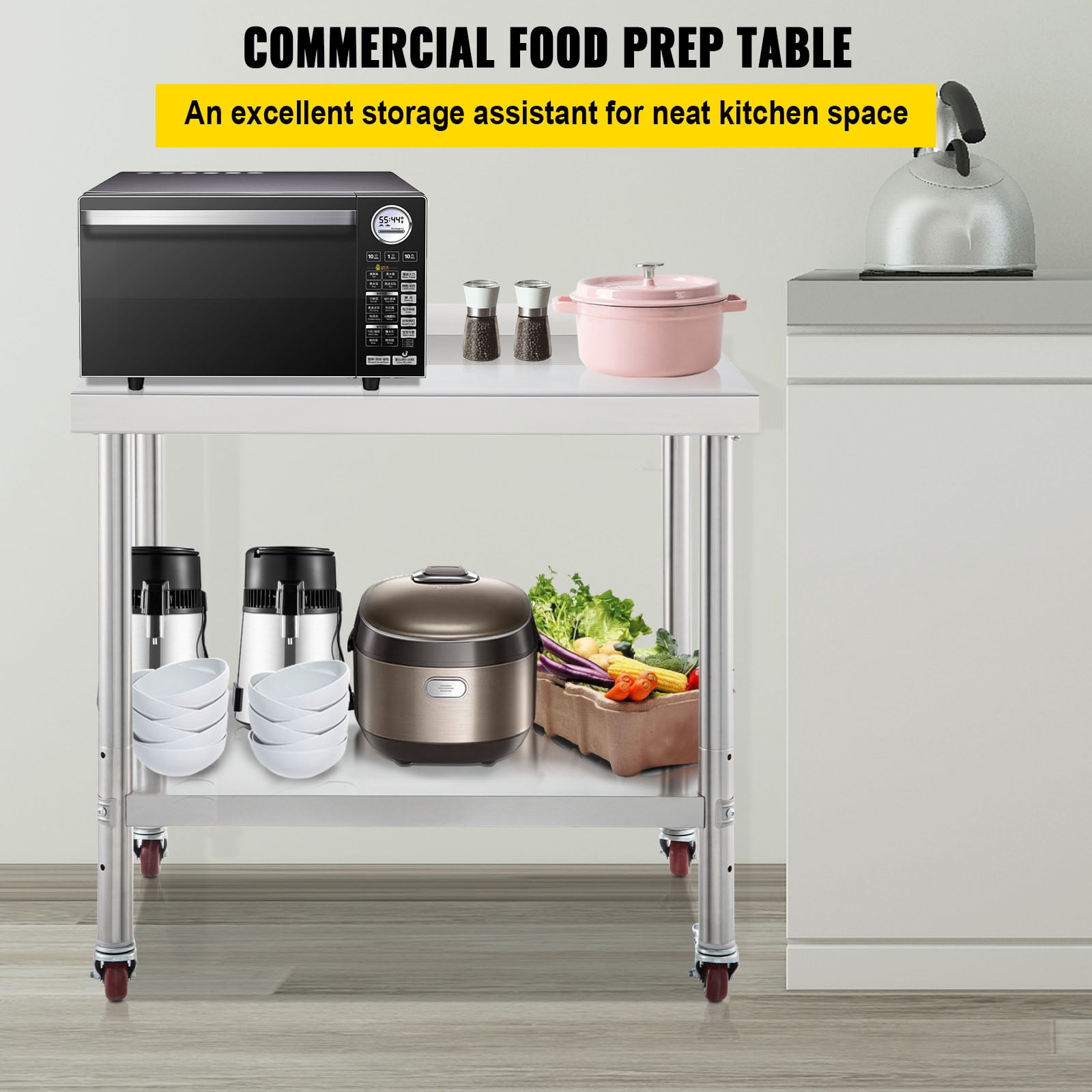 KFFKFF Stainless Steel Adjustable Undershelf and Casters Prep Table, Silver