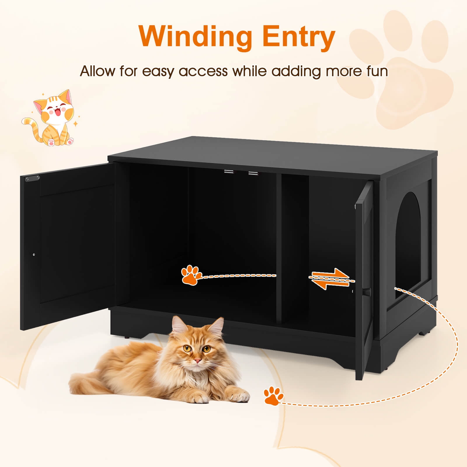 Costway Cat Litter Box Enclosure Furniture with Double Doors Divider Side Entry for Cats Black