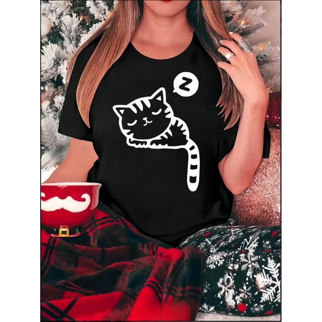 T-Shirt de Sport Décontracté Simple à Col Rond et Manches Courtes pour Femmes avec Motif de Chat Endormi Créatif Imprimé, Haut d'Été Confortable pour les Vacances. Fête des Pères, Fête des Mères, Nouvel An, Fête du Printemps,