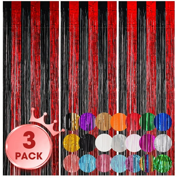 Cortinas Voircoloria con telón de fondo con flecos, paquete de 3 unidades, 1 x 2,5 m, color rojo y negro