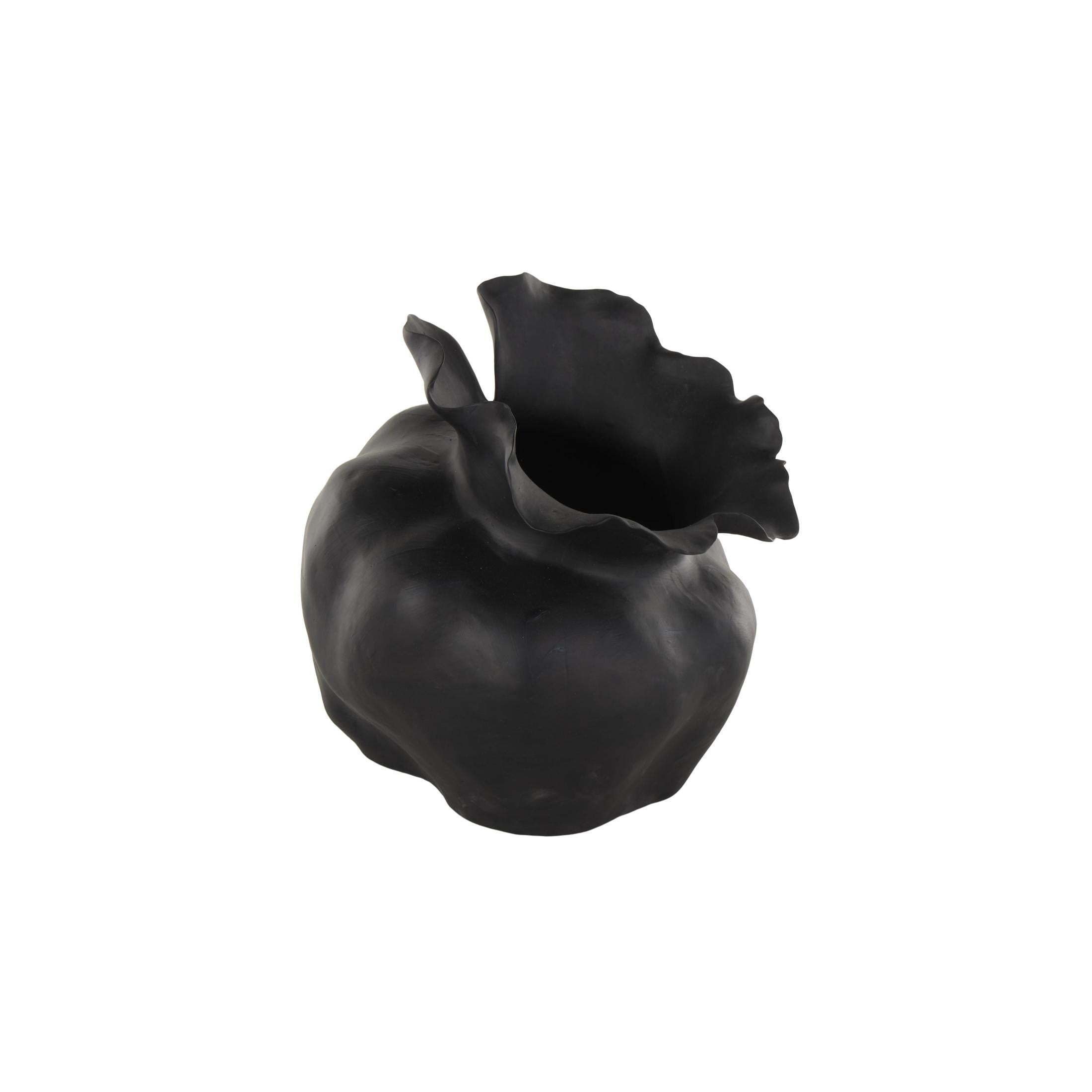 DecMode 13" Abstract Wide Rounded Floral Shaped Black Ceramic Vase with Petal Rim