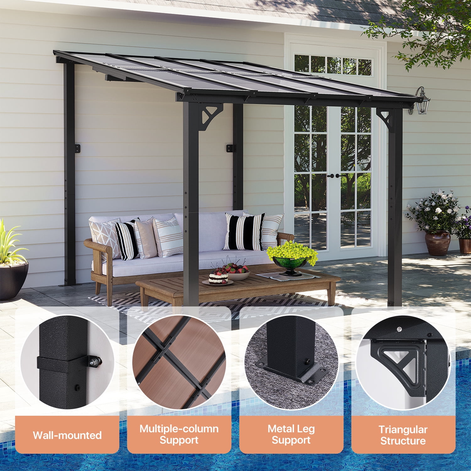 BaPiPro 8'x10' Hardtop Gazebo, Wall Mounted Lean-To Pergola for Patio, Aluminum Frame & Polycarbonate Roof, Waterproof Outdoor Canopy for Backyard, Porch, Deck