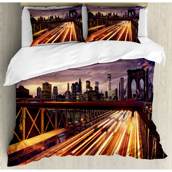City Duvet Cover Set, Brooklyn Bridge at Night Car Traffic in New York United States Transport, Decorative 3 Piece Bedding Set with 2 Pillow Shams, King Size, Lilac Dark Orange Yellow, by Ambesonne