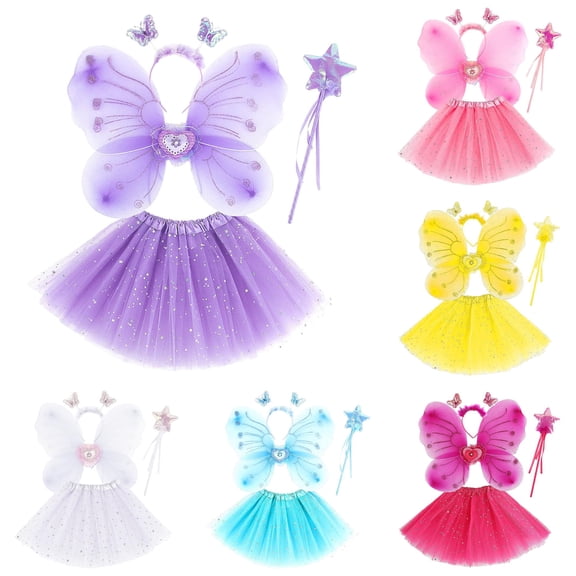 LIIPEE Girls Fairy Dress Up Outfits 4 Piece Cartoon Mesh Tutu Skirt Wing Magic Wand And Hairband Kids Cute Comfortable Party Outfit Sets,3-10 Years