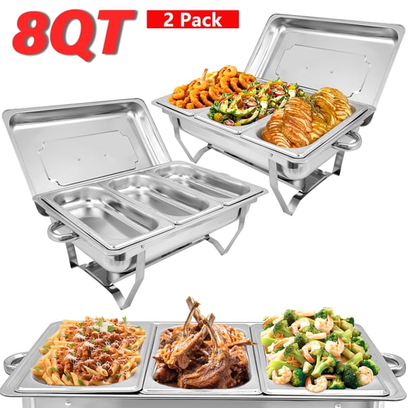 EVGTTI 4 Pack Chafing Dish Buffet Set 1/3 Pan Size 8Qt Stainless Steel Chafer Complete Set with Foldable Frame and Lid Catering Buffet Servers Food Warmer for Parties Banquet Wedding