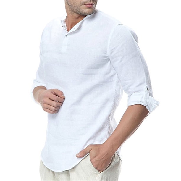 Blusa y camisa de manga larga con cuello alto para hombre, holgada, de algodón y lino, lisa, de manga corta, con cuello en V.