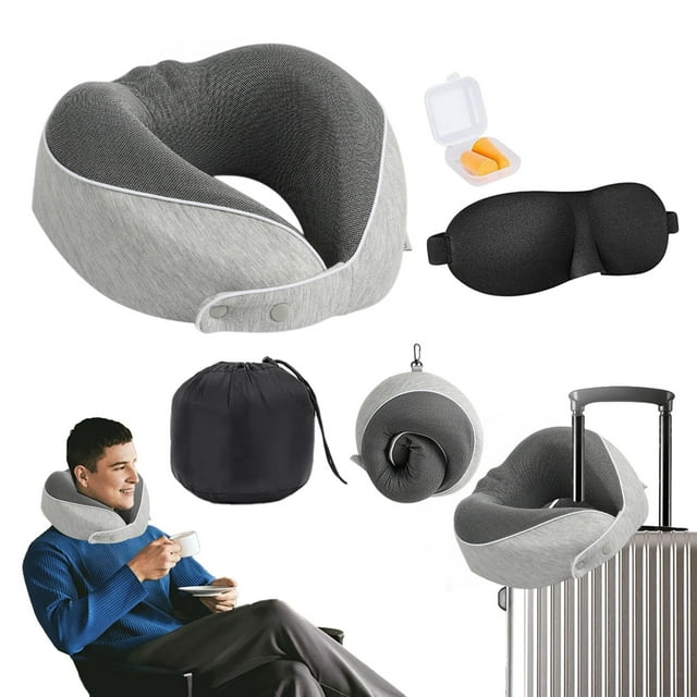 Avdolw 4pc Travel Pillow Set - Memory Foam Neck Pillow, Eye Mask, Earplugs & Storage Bag for Plane, Car, Home