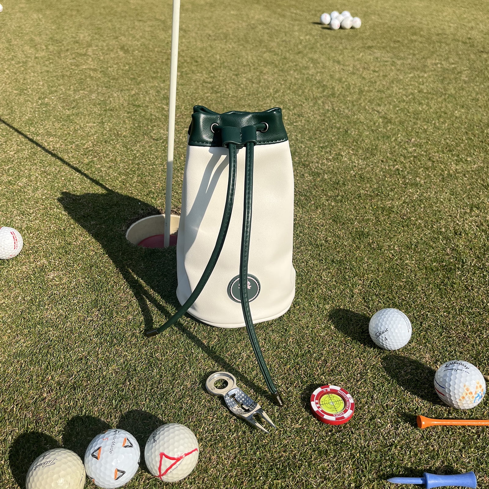 PINKTEE Golf Valuables Pouch Ball Sack with Drawstrings Leather Bucket Waist Design Golf Tee Pouch Golf Bag (TALK BIRDIE TO ME)
