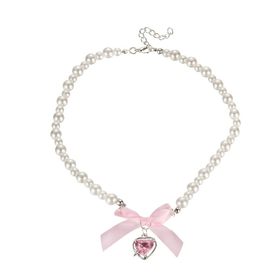 DESIGNICE Bow Heart Pendant Pearl Necklace For Women Cute Heart Pearl Adjustable Choker