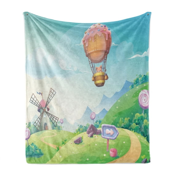 Abstract Soft Flannel Fleece Throw Blanket, Pastel Color Candy Houses Swirl Lollipop and Hot Air Balloon with Creamy Icing, Cozy Plush for Indoor and Outdoor Use, 60" x 80", Multicolor, by Ambesonne