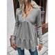 thumbnail image 5 of Camisetas de manga larga con cuello en V de Color puro para mujer, camiseta informal holgada elegante a la moda con dobladillo con volantes para citas, 5 of 8