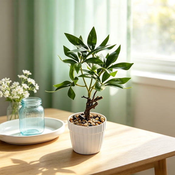 Artificial Money Tree Bonsai, 9.84 in Faux Potted Plants for Desk Shelf Office Bathroom Decor, Green
