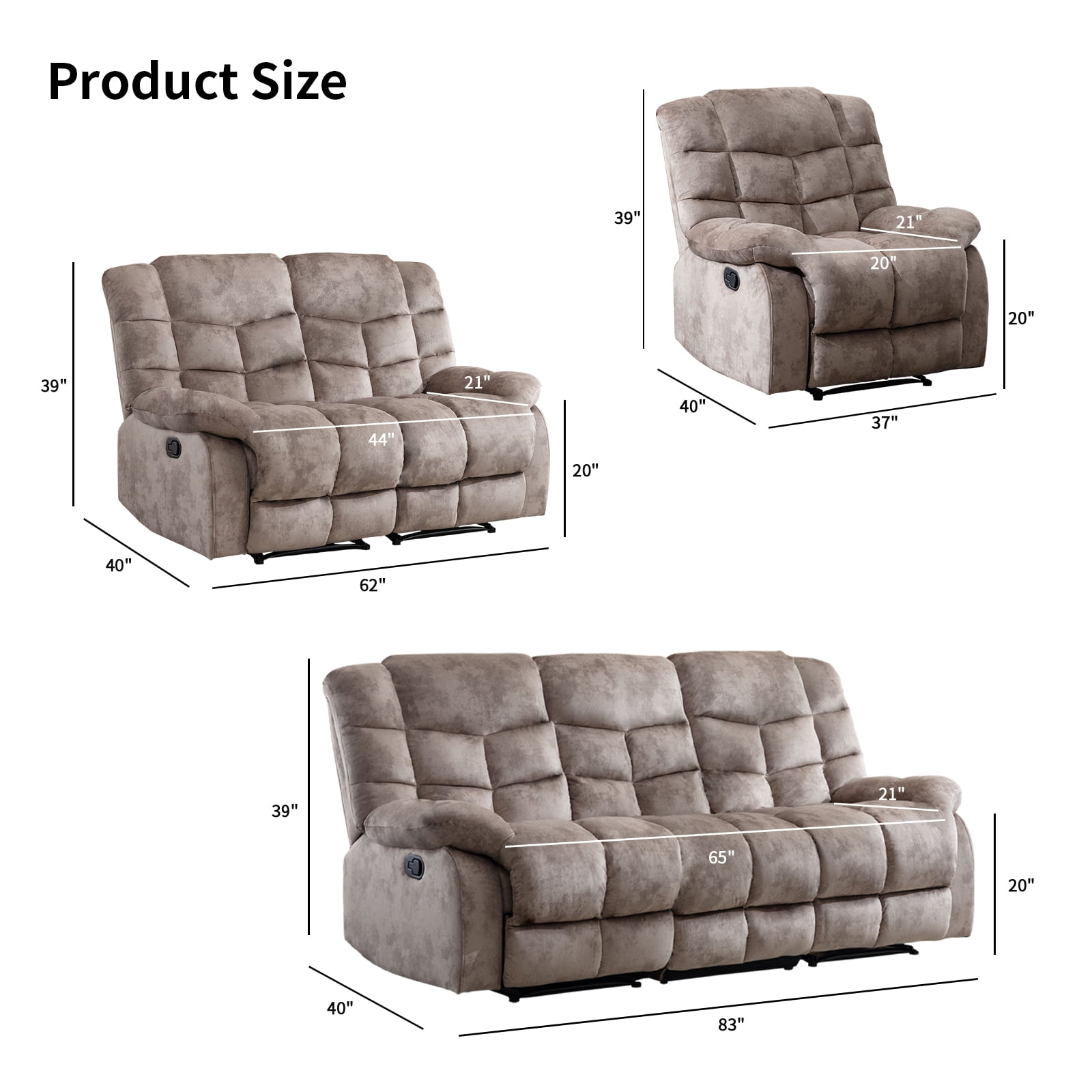 Bonzy Home Manual Reclining Living Room Furniture Set, Adjustable Backrest Chair, Loveseat & 3-Seat Sofa Couch for Home Interior Use