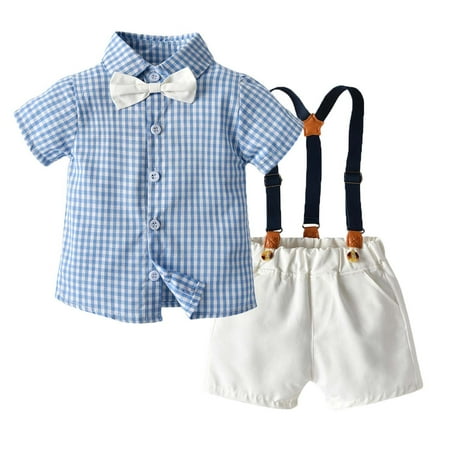 

Posijego Baby Boy 2 Piece Outfit Little Boy Gentleman Clothes Bow Tie Short Sleeve Shirt Suspender Shorts Set