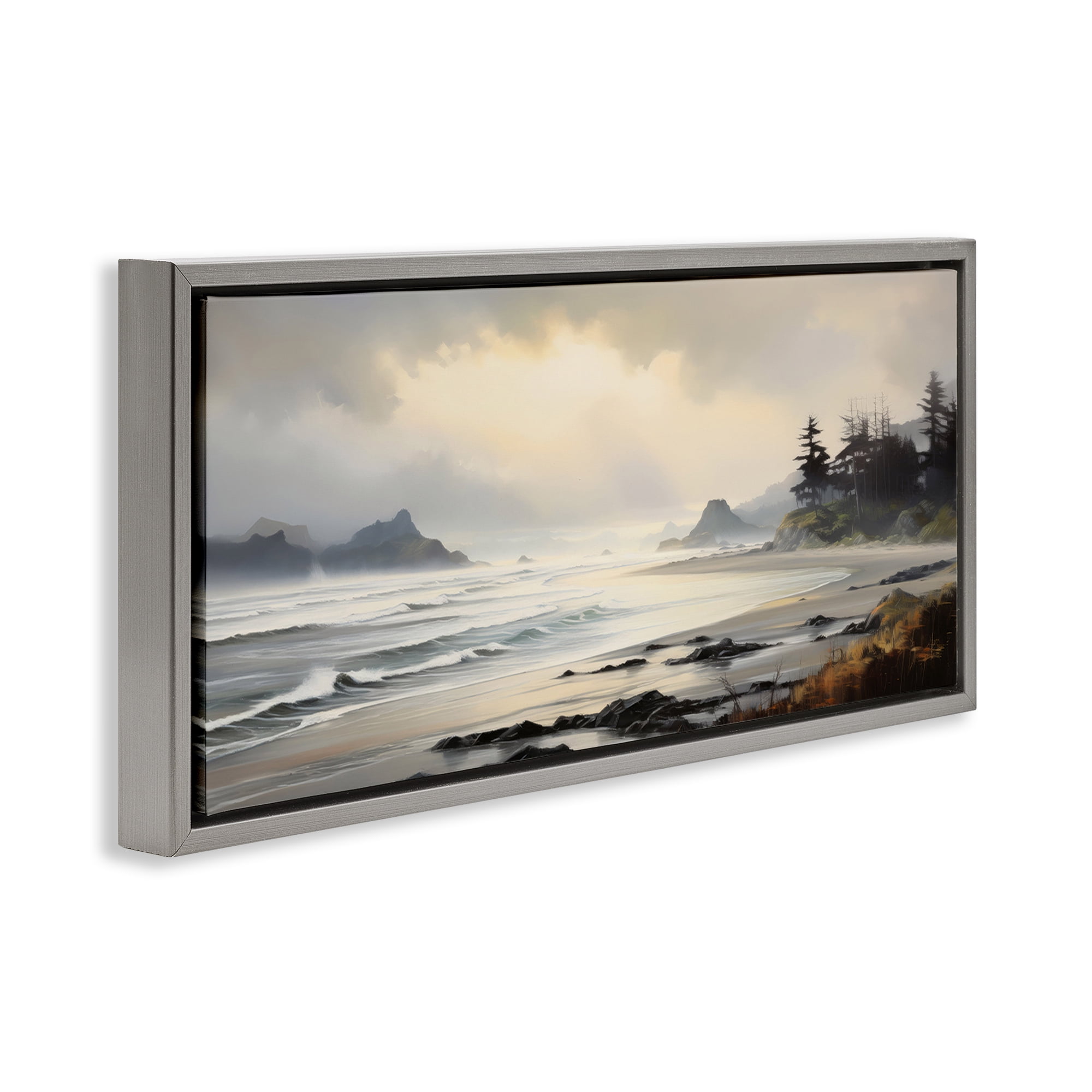 Stupell Industries Coastal Shore Inlet Coastal Painting Gray Floater Framed Art Print Wall Art, 25 x 11