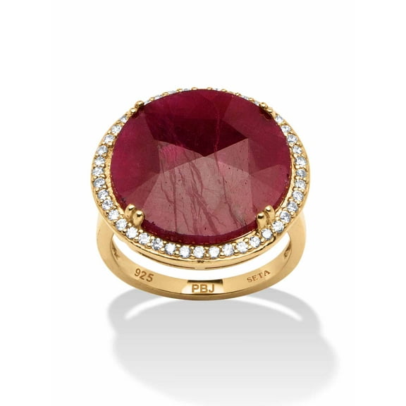PalmBeach Jewelry 14.35 TCW Round Genuine Red Ruby and Cubic Zirconia 18k Yellow Gold-Plated Sterling Silver Halo Ring