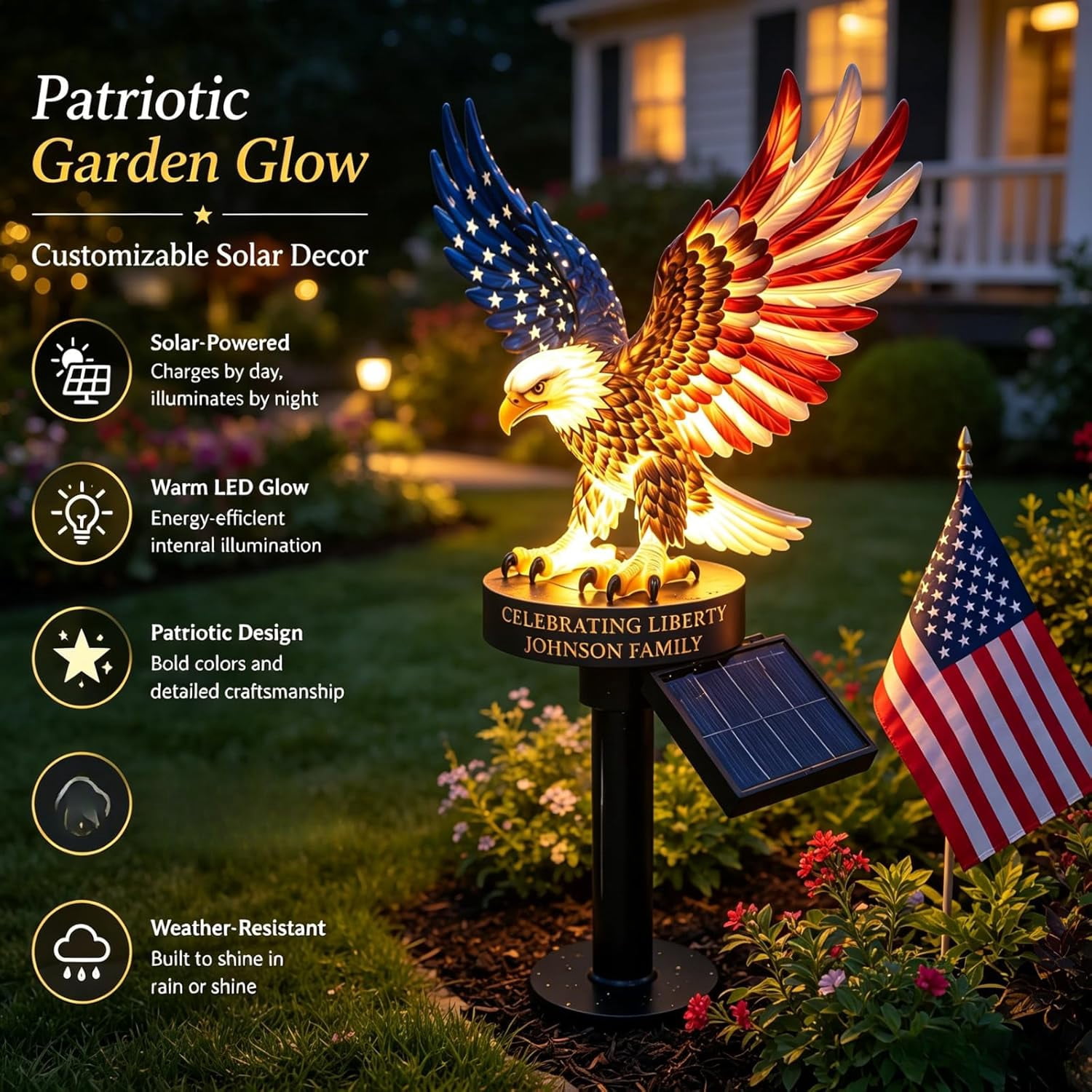 Solar Eagle Garden Light, America 250th Anniversary Solar Powered
