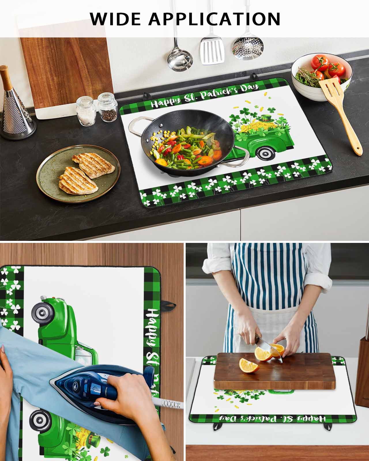Large Induction Cooktop Protector Mat Saint Patrick's Day Stove Top Covers for Electric Stove, Spring Green Lucky Three Grass Truck Decorative Stove Burner Cover Mats, Glass Top Stove Cover
