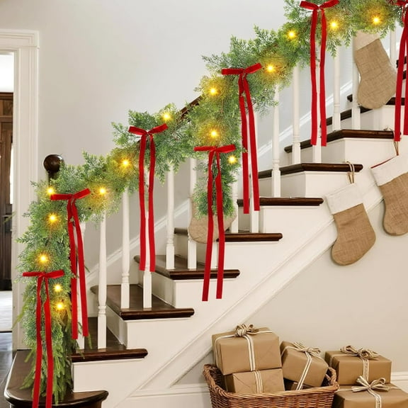 Bootesun 6FT Christmas Garland with Red Bow, Artificial Lighted Pine Garlands with Lights, Real Touch Artificial Faux Greenery Garland for Indoor Outdoor Holiday Xmas Decorations