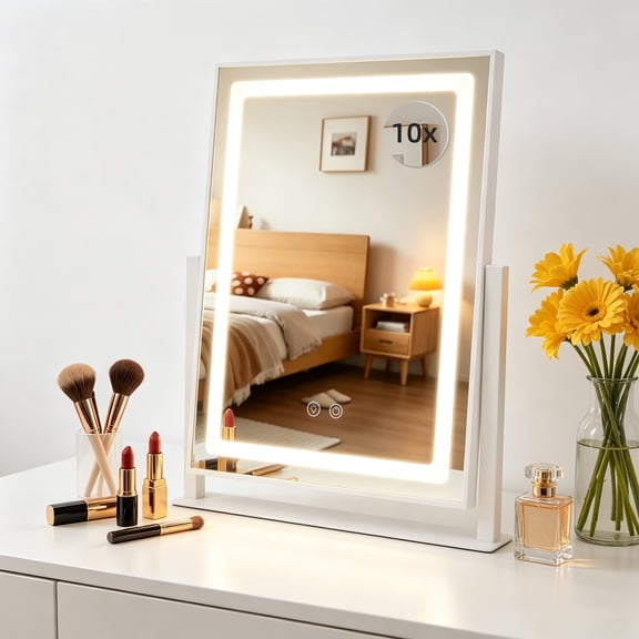 Qissep Vanity Mirror with Lights, Lighted Makeup Mirror with 10X Magnification, 3 Color Lighting Modes, Smart Touch Control, 360° Rotation, LED Vanity Mirror for Bedroom Dressing Table