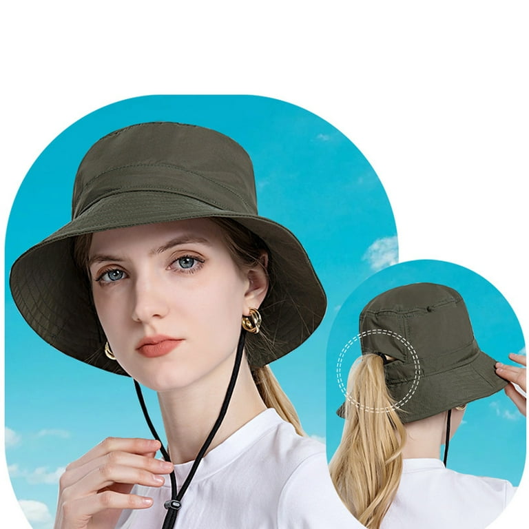 Women Summer Bucket Hat UV UPF Protection Ponytail Outdoor Fishing