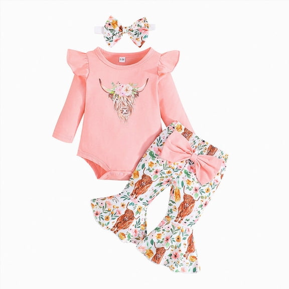 newwalpole Infant Baby Girl Clothes Newborn Ruffle Long Sleeve Ribbed Romper Print Bell Bottom Toddler Baby Fall Winter Outfit (Pink, 0-3 Months)