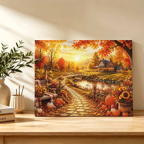 Fall Landscape Canvas Wall Art, Lakeside Orange Golden Maple Leaf Pumpkins Tree Rustic Wall Art Prints Artwork Framed Canvas Ready to Hang Art Pictures for Bathroom Bedroom Entry Desk Corner 10" x 8"