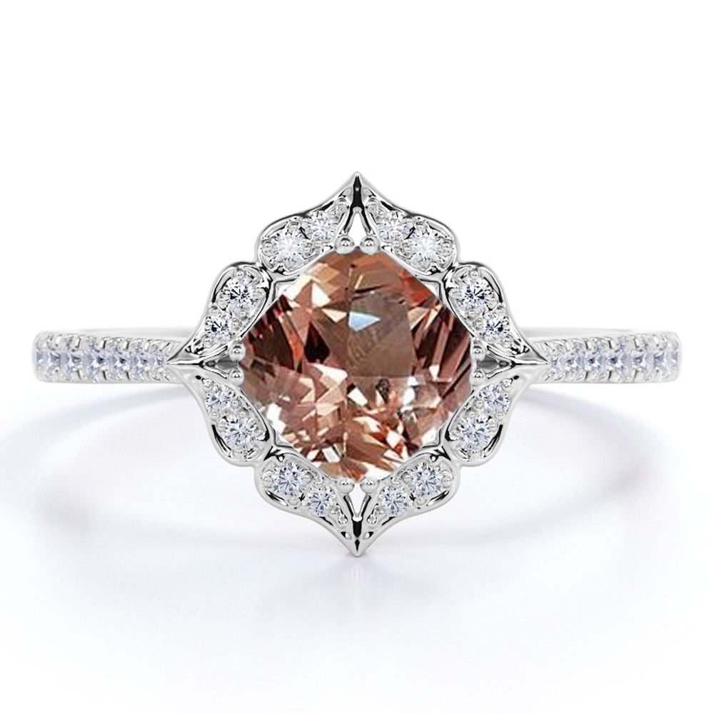 JeenMata ArtDeco 1.5 Carat Cushion cut created morganite and Moissanite Engagement Ring in 18k Gold Over Sterling Silver