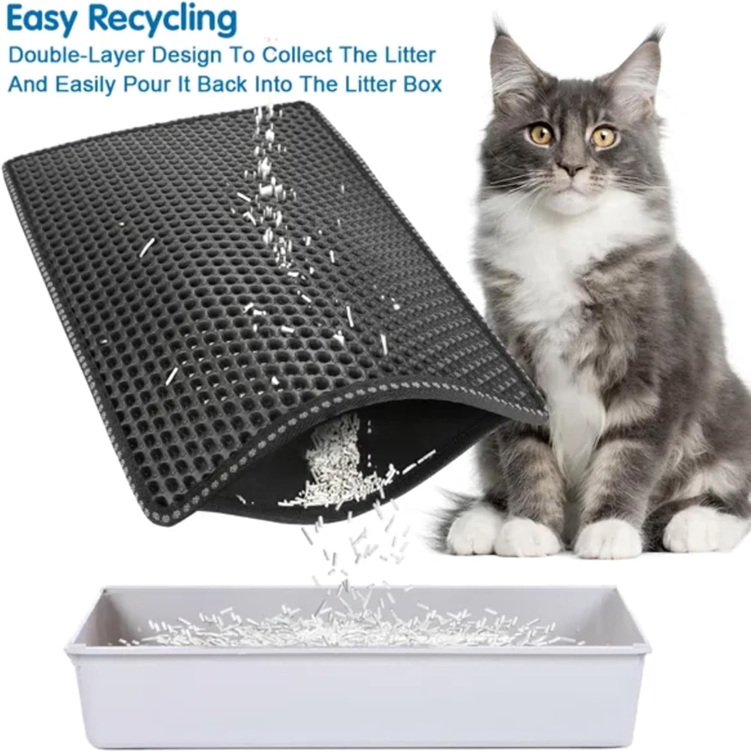 PUPIX Cat Litter Mat Double Layer Kitty Litter Trapping Mat Waterproof Urine Proof Easy Clean Scatter Control EVA Cat Mat with MiLi Shape Scratching Design 21 x 14 Inch (Black)