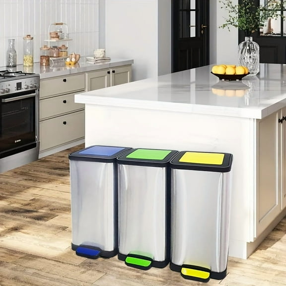 3-Color Stainless Steel Recycling Bin with Soft-Close Lid, Fingerprint-Resistant Shell, Durable Plastic Inner Bucket Easy Dismantling, 15-liter x 3 Large Capacity